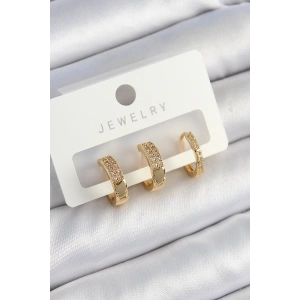 BFS Pirinç Zirkon Taşlı Halka Model Gold Renk 3lü Çift Kadın Küpe Set