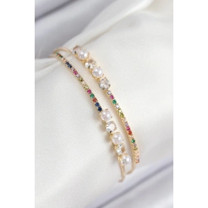 Mey İthalat® Pirinç Zirkon Taşlı İnci Model Gold Renk Kadın Bileklik