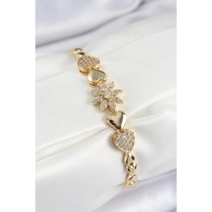 Mey İthalat® Pirinç Zirkon Taşlı Kalp Detaylı Çiçek Model Gold Renk Kadın Bileklik