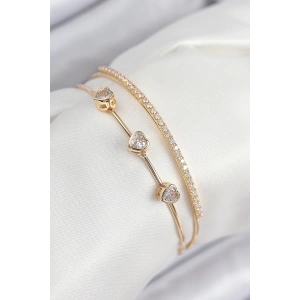 Mey İthalat® Pirinç Zirkon Taşlı Kalp Model Gold Renk Kadın Bileklik
