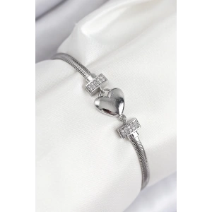 Mey İthalat® Pirinç Zirkon Taşlı Kalp Model Gümüş Renk Kadın Bileklik