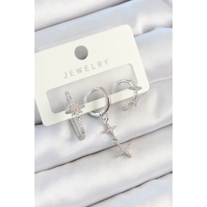 BFS Pirinç Zirkon Taşlı Kelebek Ve Sallantılı Yıldız Model Gümüş Renk 3lü Çift Kadın Küpe Set