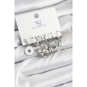 BFS Pirinç Zİrkon Taşlı Kelebek ve Yıldız Model Gümüş Renk 3lü Çift Kadın Küpe