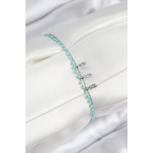 Mey İthalat® Pirinç Zirkon Taşlı Mavi Boncuklu Model Gümüş Renk Kadın Bileklik