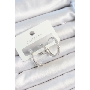 BFS Pirinç Zirkon Taşlı Sallantılı Model Gümüş Renk 3lü Çift Kadın Küpe Set