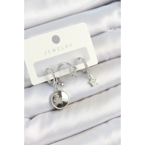 BFS Pirinç Zirkon Taşlı Sallantılı Yıldız Model Gümüş Renk 3lü Çift Kadın Küpe Set