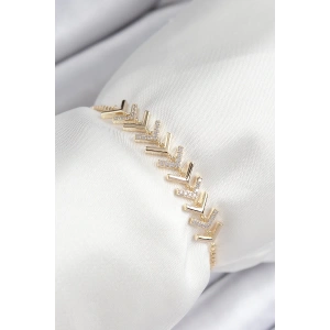 Mey İthalat® Pirinç Zirkon Taşlı Sıralı Ok Model Gold Renk Asansörlü Kadın Bileklik