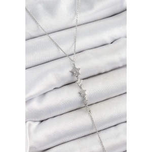 BFS Pirinç Zirkon Taşlı Sıralı Yıldız Figürlü Y Model Gümüş Renk Kadın Kolye