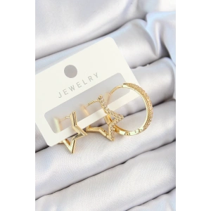 BFS Pirinç Zirkon Taşlı Yıldız Ve Halka Model Gold Renk 3lü Çift Kadın Küpe Set