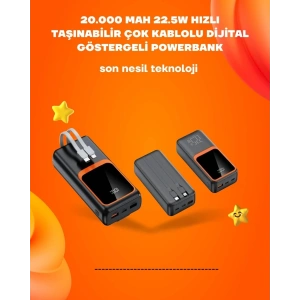 BFS Powerbank 20000 mAh | 22.5W Hızlı Şarj, Dahili Kablolu, LCD Ekranlı Şarj Cihazı