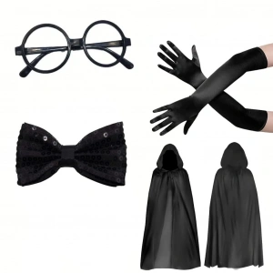 BFS Siyah Kapüşonlu Büyücü ve Cadı Pelerin Kostüm Seti (4 Parça)