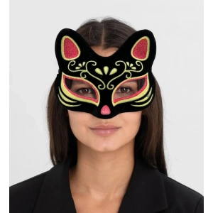 BFS   Siyah Renk Süet Kaplama Üzeri Kırmızı Sarı Simli Kedi Maskesi 17x14 cm