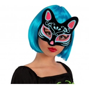 BFS   Siyah Renk Üzeri Mavi Kırmızı Simli Süet Kaplama Kedi Maskesi 17x14 cm