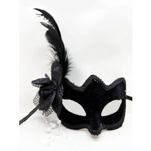 BFS  Siyah Renk Yandan Tüylü Beyaz İncili Süet Kaplama A Kalite Lüks Parti Maskesi 20x23 cm