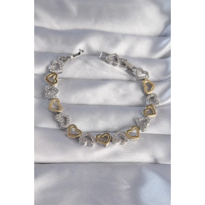 Mey İthalat® Vip Seri Pirinç Çift Renkli Zirkon Taşlı İçi Boş Kalp Tasarımlı Bileklik