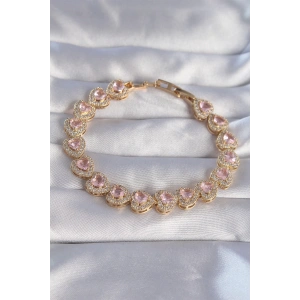 Mey İthalat® Vip Seri Pirinç Gold Renk Pembe Zirkon Taşlı Kalp Tasarımlı Bileklik