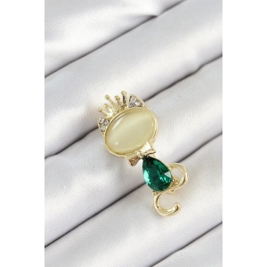 BFS Yeşil Damla Zirkon Taşlı Kraliçe Taçlı Kedi Figürlü Gold Renk Kadın Broş