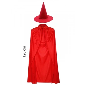 BFS  Yetişkin Boy 120 cm Kırmızı Yakalı Pelerin ve Kırmızı Cadı Şapkası