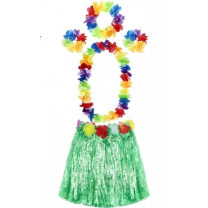 BFS   Yetişkin ve Çocuk Uyumlu Luau Aloha Hawaii Yeşil Etek ve Renkli Kolye Taç 2 Adet Bileklik Seti