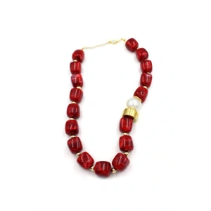 Boncuklu İnci Kolye - Kırmızı
