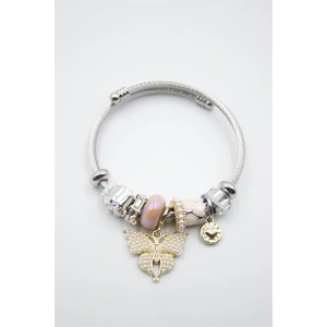 Çelik Charmlı Kelebek Bileklik - Pembe