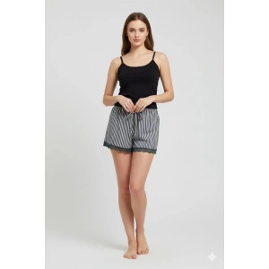 Çizgili Penye Kadın Ev Şortu Bacak Dantel Detaylı Ev Giyim Siyah