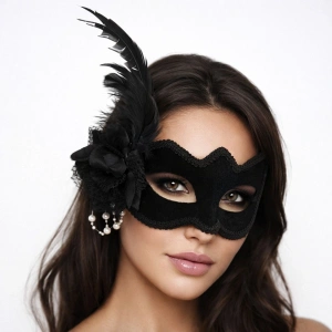 İnci Detaylı Siyah Süet Venedik Kadın Maskesi