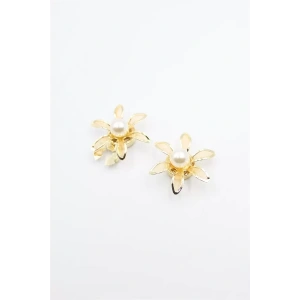 İncili Düğme Broşu - Altın