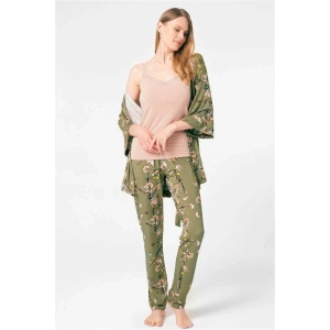 İp Askılı V Yaka Viskon Çiçek Desenli Kışlık Örme Normal Bel Bağlamalı Dantel Detaylı Pijama Takımı Sabahlık