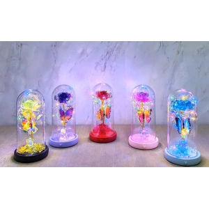 Işıklı Müzikli Romantik Kelebekli Fanus içinde Gül