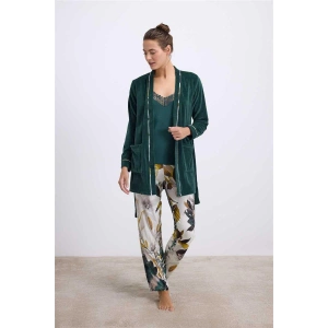 Kadife Sabahlık, Dantelli Atlet ve Desenli Pantolon Pijama Takımı