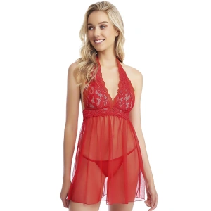 Kırmızı Boyundan Bağlamalı Dantel İşlemeli Fantezi Tül Gecelik