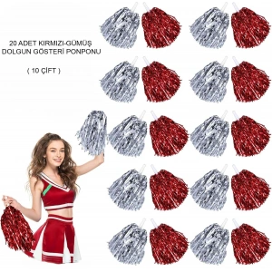 Kırmızı Gümüş Metalik Dolgun Gösteri Ponponu - 20 Adet (10 Çift)