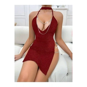 Kırmızı Zincir Detaylı Transparan Fantezi Elbise