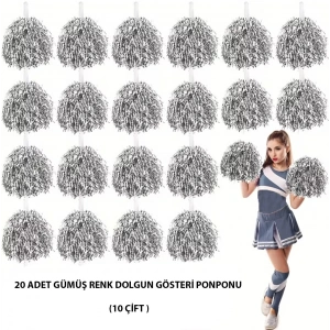 Mey İthalat® 10 Çift ( 20 Adet ) Gümüş Renk 23 Nisan 19 Mayıs 29 Ekim Okul Gösteri Ponponları