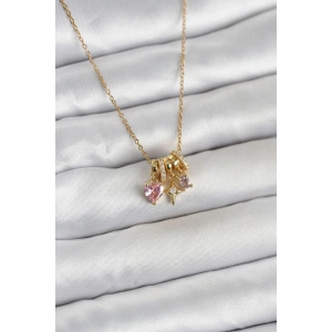 Mey İthalat® 316L Çelik Gold Pembe Zirkon Taşlı Charmlı Kadın Kolye