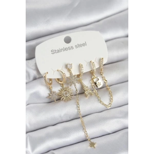 Mey İthalat® 316L Çelik Gold Renk 6lı Set Charmlı Kadın Küpe