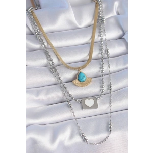 Mey İthalat® 316L Çelik Mix Renk 3lü Zincir Damla Madalyon Figür Uzun Kadın Kolye