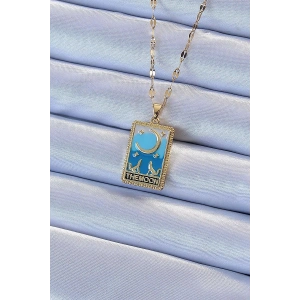 Mey İthalat® 316L Çelik Zincir Altın Renk Mavi Mineli Ay Figür Tarot Kolye