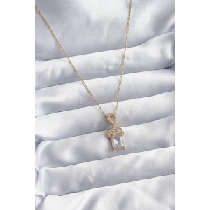 Mey İthalat® 316L Çelik Zincir Gold Renk Zirkon Taşlı Taç Model Kadın Kolye