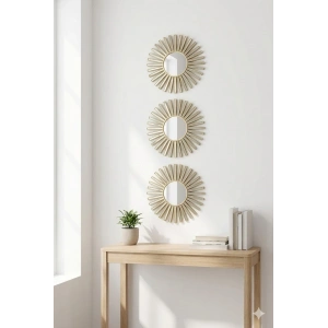 Mey İthalat® 3’lü Gold Güneş Desenli Duvar Aynası Seti 27 cm | Dekoratif Yuvarlak Ayna