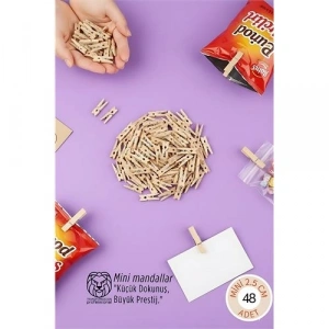 Mey İthalat® 48 Adet Mini Ahşap Mandal 2,5 cm - Fotoğraf Sunum, Paketleme ve Dekoratif Not Tutucu Seti