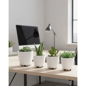 Mey İthalat® 4’lü 3D Beyaz Minimal Dekoratif Vazo Ayaklı Saksı Takımı