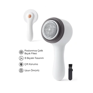 Mey İthalat® 6 Bıçaklı Şarjlı Tüy Ve Tiftik Temizleme Makinesi Beyaz Yuvarlak Tasarım YEDEK BIÇAKLI
