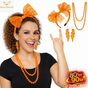 Mey İthalat® 80’ler 90’lar Neon Turuncu Parti Seti – Kolye Küpe Taç