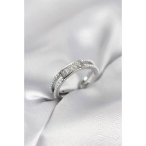 Mey İthalat® Baget Zirkon Taşlı Gümüş Renk İncili Kadın Yüzük