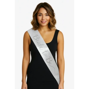 Mey İthalat® Beyaz Saten Üzerine El Yazısı İtalik Gümüş Bride To Be Kuşağı 10 cm Genişlik