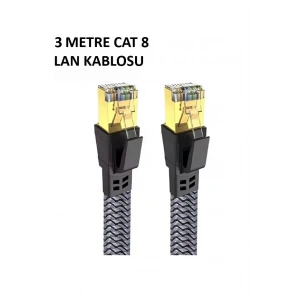 Mey İthalat® Cat 8 LAN Kablosu –Ethernet Kablosu Örgü Kaplama, Yüksek Hızlı (3 METRE)
