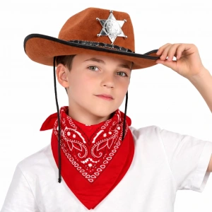 Mey İthalat® Çocuk Kovboy Şapka Rozetli Kahverengi & Kırmızı Bandana Fular Seti