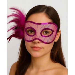 Mey İthalat® Fuşya Renk Yandan Tüylü Pul Payet İşlemeli Parti Maskesi 23x12 cm